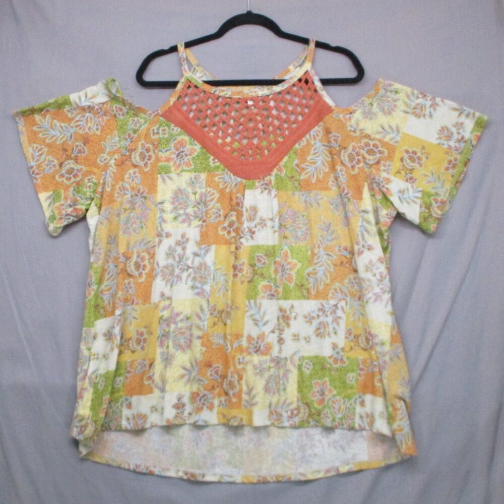 Cato BOHO Cold Shoulder Patch Work Multi-Color Blouse Green/White Women Size 3XL